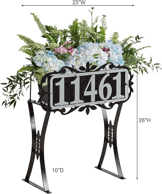 Floret Personalized Metal Planter Stand | Indoor, Porch, Patio, or Outdoor Use | Custom Family Last Name or House Address Numbers | Silver and Black Durable Finish | Raised Planter Stand
