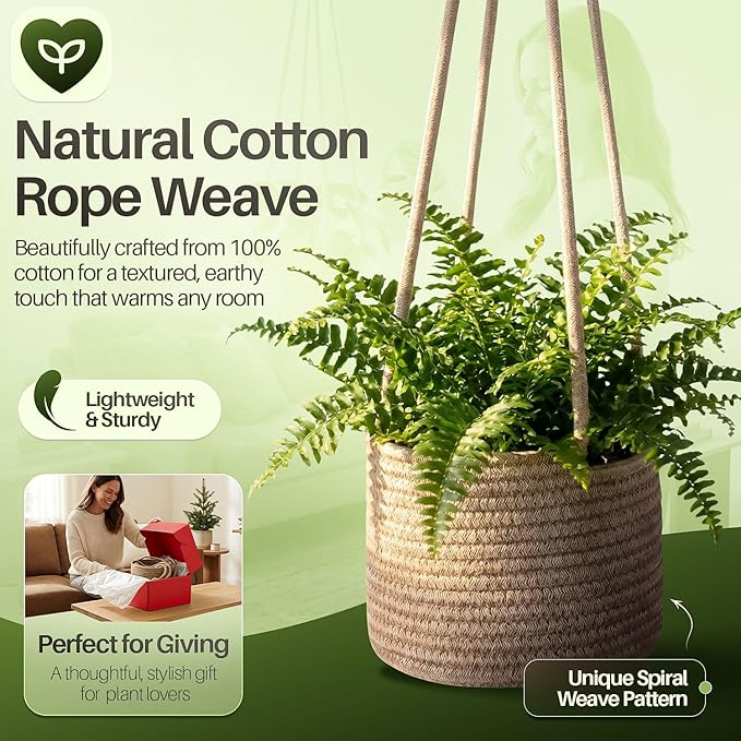 Flexzion Macrame Plant Hanger Basket for Indoor Plants - 8 Inch Jute Rope Planter Pot Cover, Woven Hanging Plant Holder Up to 7 Inch Pots, Boho Hanging Planters Home Decor Storage Organizer (Brown)