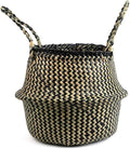 Woven Seagrass Belly Basket for Storage, Plants, Laundry, Picnic and Groceries (Medium, Black Strips)