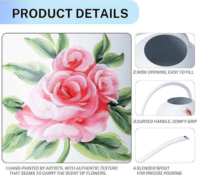 MOYEE Small White Metal Long Spout Watering Can Outdoor Indoor Spray Bottle for Plants Hand Drawn Patterns,1/2 Gallon Plant Mister Durable Metal Structure Lawn Garden Watering Equipment