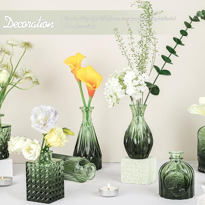 TBWIND Glass Bud Vase Set of 24, Small Green Flower Vases for Centerpieces in Bulk, Mini Vintage Vase for Wedding Decor, and Home Table Décor