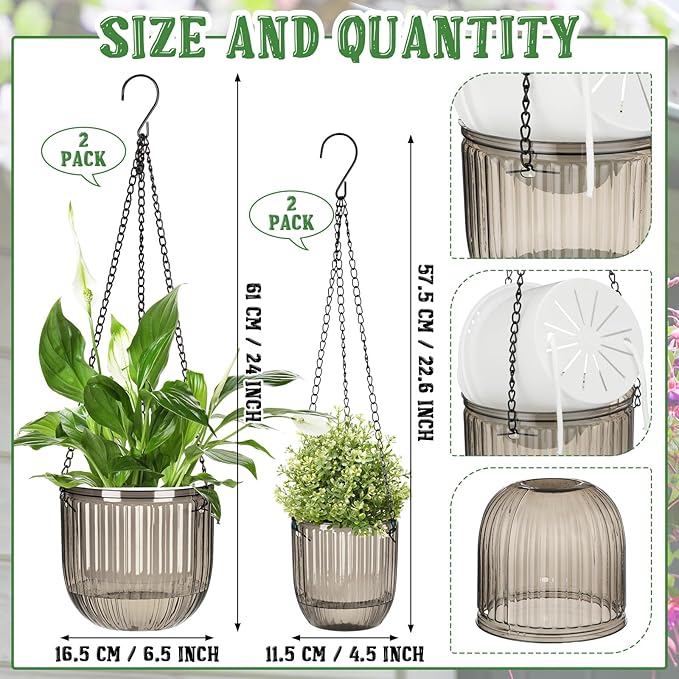 Maxcheck 4 Pcs Self Watering Hanging Planters Indoor Gift 6.5'' 4.5'' Hanging Flower Pots Baskets Outdoor Self Watering Plant with 3hooks Drainage Holes for Home