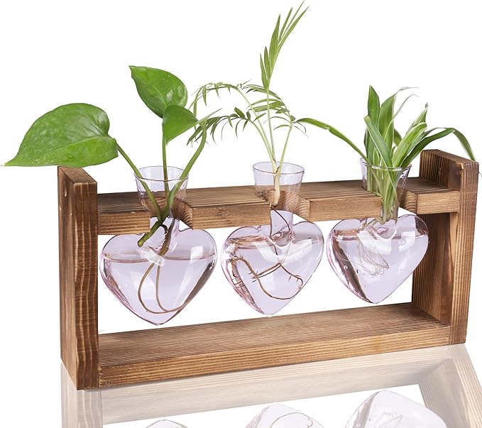 Kingbuy 3-Heart Plant Terrarium Kit with Vintage Wood Stand - Stained Glass Vase Propagation Station, Wall-Mounted & Tabletop Indoor Decor for Home Kitchen Wedding Gift, Light Pink