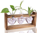 Kingbuy 3-Heart Plant Terrarium Kit with Vintage Wood Stand - Stained Glass Vase Propagation Station, Wall-Mounted & Tabletop Indoor Decor for Home Kitchen Wedding Gift, Light Pink