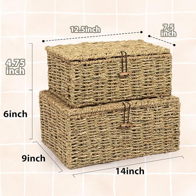 Handwoven Wicker Baskets Decorative Storage Boxes with Lids Set of 2, Natural Seagrass, Nesting Organizer Boxes for Closet, Shelf, Home Decor