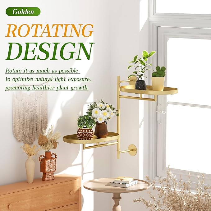 YQSLYSF Window Rotating Plant Stand Shelf Indoor Gold Metal Floating Shelves 2-Tier Wall Mount Plant hanger Holders for Wall Planter Modern Home Decor window sill gifts