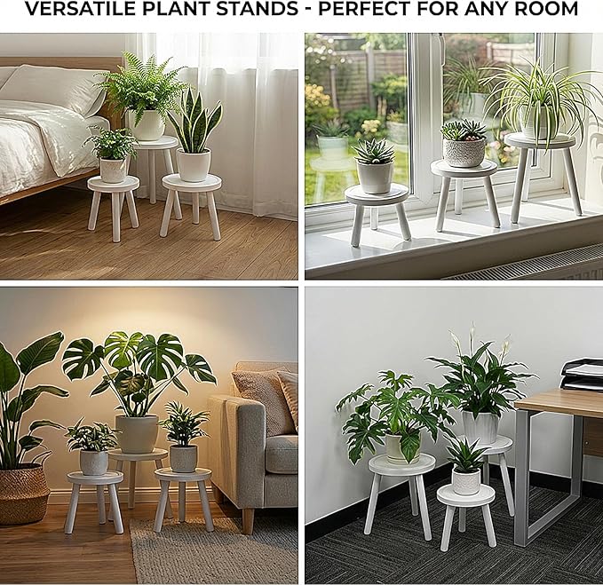 Amdermi 3-Pack Wood Plant Stands Indoor, Single Plant Stand for 6-12 Inch Pots, Mid-Century Modern Plant Stool, Tall Plant Stand for Large Plants for Living Room, Balcony, Office (White)