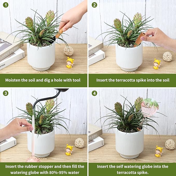 Strawberry-Shaped Glass Plant Watering Globes (Set of 2) - Vacation Plant Watering Devices with Terracotta Spikes, Top-Fill Watering Globes, Self Watering Planter Insert for Plants