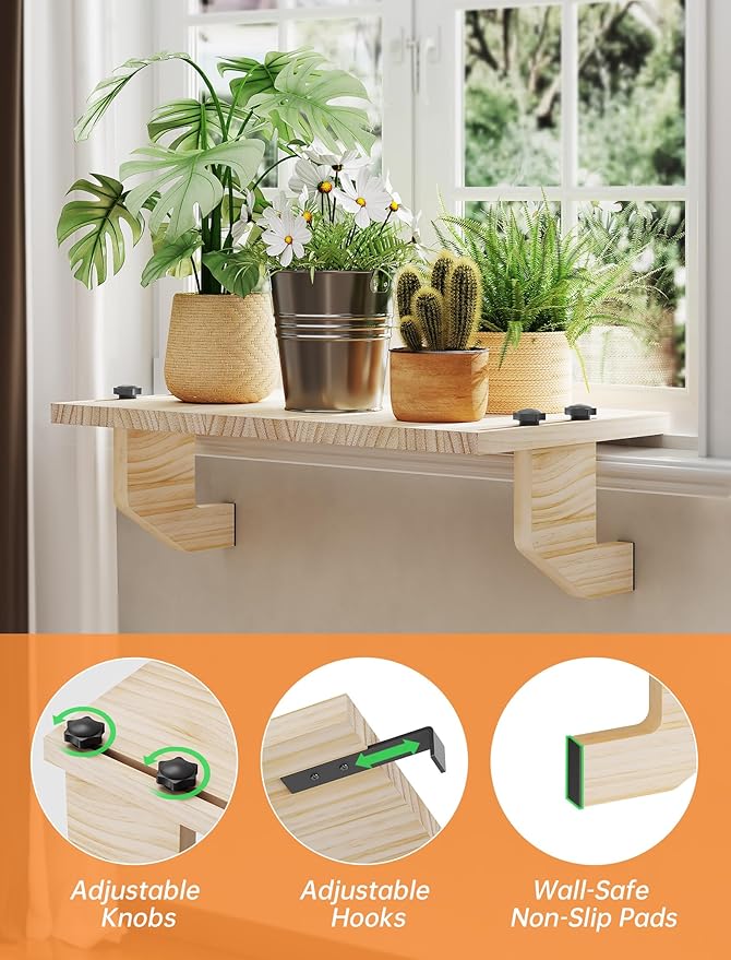 NiHome Wooden Window Sill Extender for Plants, No Drill Window Ledge Extender & Plant Shelf, Easy Installation Renter Friendly 21.2" x 11.8" Sill Extender