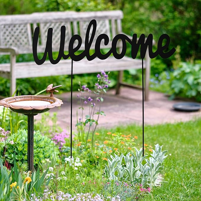 Metal Letters Garden Stakes Yard Art Word Sign Lawn Decoration Indoor Outdoor Plant Pot Decor Decorative Stick for Patio Pathway Flower Bed (Welcome)