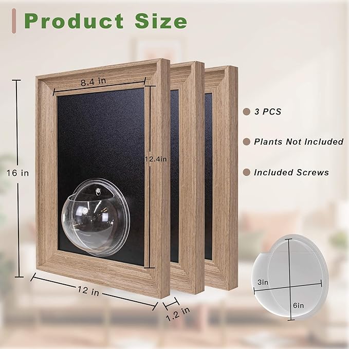 Walnut Wood Frame Wall Planter for Hydroponic Plants, 12" x 16" Wall Vase with Oblate Acrylic Propagation Station, Set of 3, Decorative Wall Hanging for Bathroom, Office & Living Room