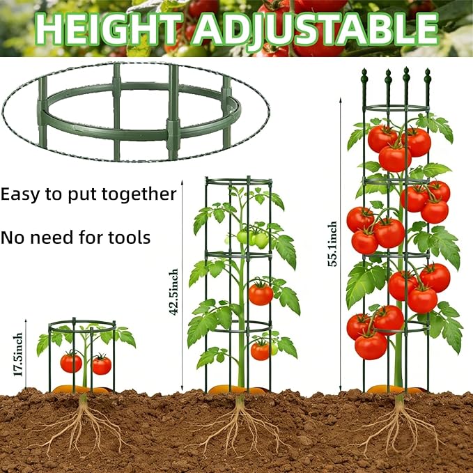 2 Pack Heavy Duty Tomato Cages for Garden, 55.1Inch Tall Adjustable Metal Tomato Plant Support for Pots, Round Trellis for Climbing Plants Outdoor, Vegetable, Cucumber, Beans(11.8" Wide)