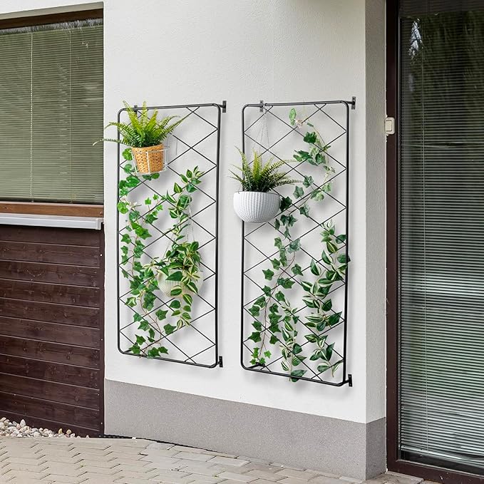 MyGift 50"x24" Wall Mounted Garden Trellis, Black Metal Lattice Panels for Outside, Hanging Lattice Support Frame for Outdoor or Indoor Climbing Plants, Set of 2 Panels