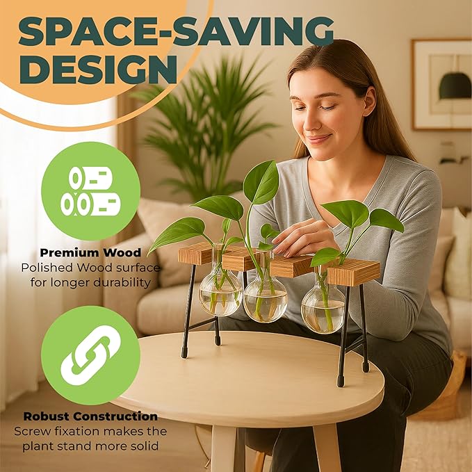Window Garden Plant Terrarium Glass Vase with Stand - Set of 3 - Real Wood Frame with Transparent Bulb-Shaped Glass - Propagation Stations for Indoor Plants - Wooden Finish