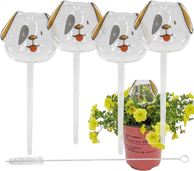 Aqua Glass Plant Watering Globes Automatic Self Watering Plant Insert Spike Orbs - Indoor Outdoor Plant Drip Irrigation - For Flowers, Herbs, Houseplants (Puppy Dog Globes, 4, Units)