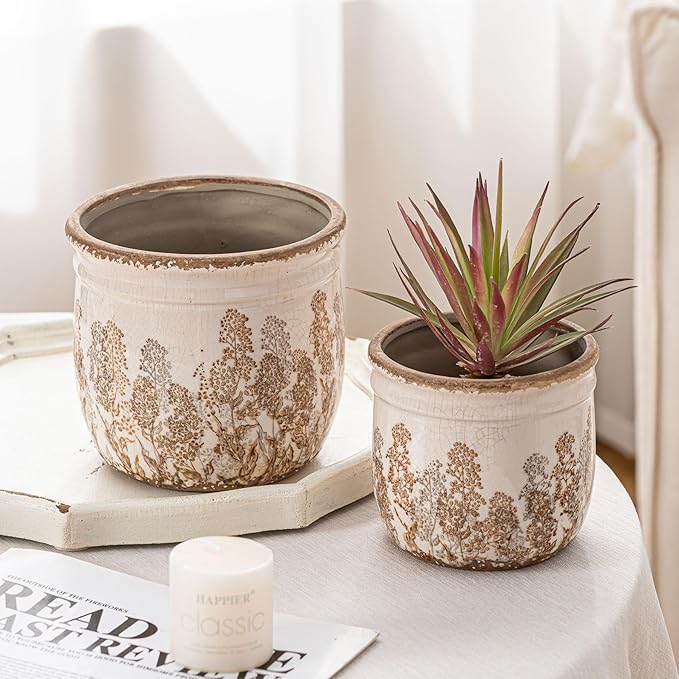 SURE YUESI Set of 2 Ceramic Planters 4.7” & 5.7”, Vintage Brown Rustic Flower Pots Without Drainage Hole, Decorative Indoor Plant Pots for Home Decor, Living Room
