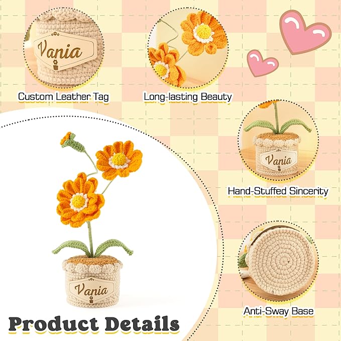 Crochet Flowers with Personalized Leather Name Tag Handmade Knitted Flowers for Home Office Desk Decor Crochet Zinnia Potted Plant for Women Crochet Everlasting Flower Birthday Gifts(Orange)