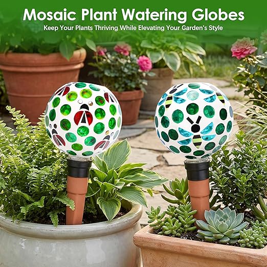 Terracotta Plant Watering Globes Mosaic Self Watering Spikes 2 Pack for Indoor Outdoor Plants Automatic Plant Waterer Plant Watering Devices for Garden Home Decor