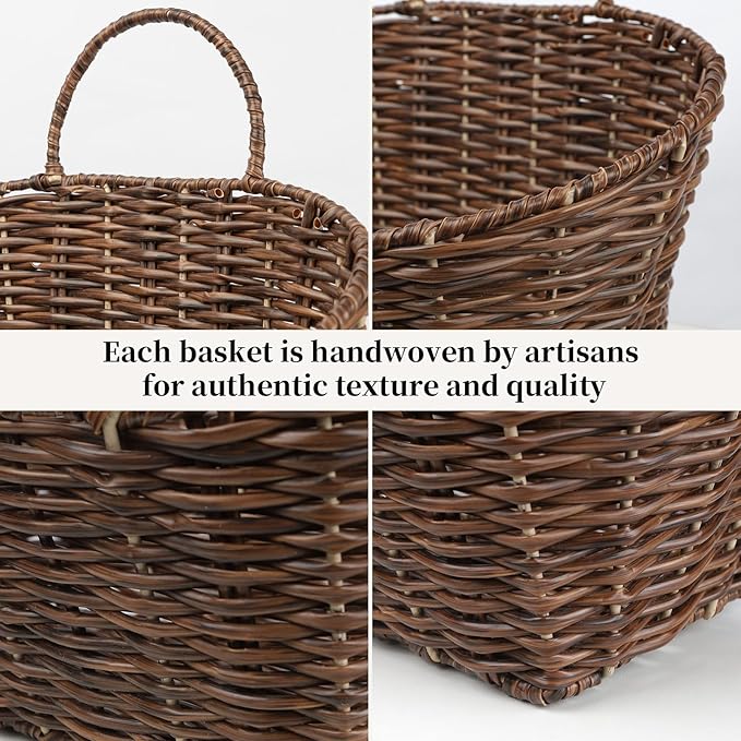 Hanging Wall Basket Handwoven Wicker Basket for Plants, Flowers & Storage, Rustic Farmhouse Wall Decor Organizer, Dark Brown Plastic Rattan