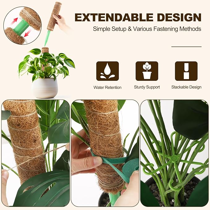 6 Pack Moss Pole for Plants Monstera,Stackable Moss Pole for Plants,Coir Totem Pole Tall for Climbing Plant,Sphagnum,Indoor Potted Plant with Garden Ties and Stem Support (3x17in + 3x12in)