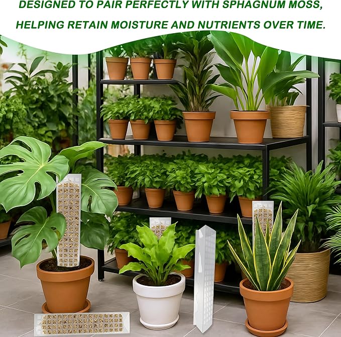 10 Pcs 15 Inches Plastic Moss Pole for Plants Monstera Set with 5 Pcs Velcro Strips for Climbing Plants Plant Support for Indoor Plants Garden Ties with Sphagnum Moss