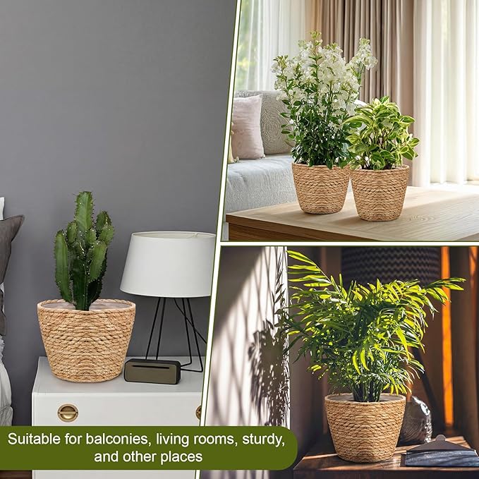4PCS Straw Woven Plant Basket Middle Premium Seagrass Planter Basket with Plastic Lining Natural Stylish Planter Baskets Indoor Outdoor Plants Woven Wicker Baskets for Plants Flower Pots