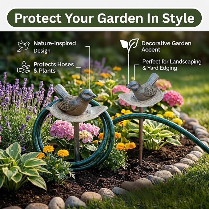 Carvers Olde Iron Decorative Garden Hose Guide Stake – 19" Solid Aluminum Heavy Duty Hose Protector for Landscaping, Flower Beds & Yard Edging - Bird