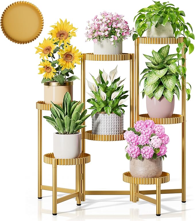 7 Tier Large Tiered Plant Stand Indoor, 7.9 Inch Wide Tall Corner Metal Plant Stands Outdoor for Multiple Plants, Flodable Tall Flower Display Holder Rack Shelf for Patio Balcony House -GoldFloroma