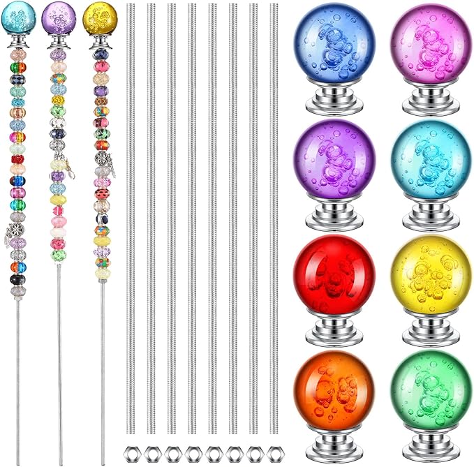 Therwen Pack of 8 DIY Mini Garden Beaded Stakes Wands Kit Include 8 Pcs Threaded Rods, 8 Pcs Hex Nuts and 8 Diamond Stopper Tops Outdoor (12 Inch, 8 Mixed Diamond Top Color)