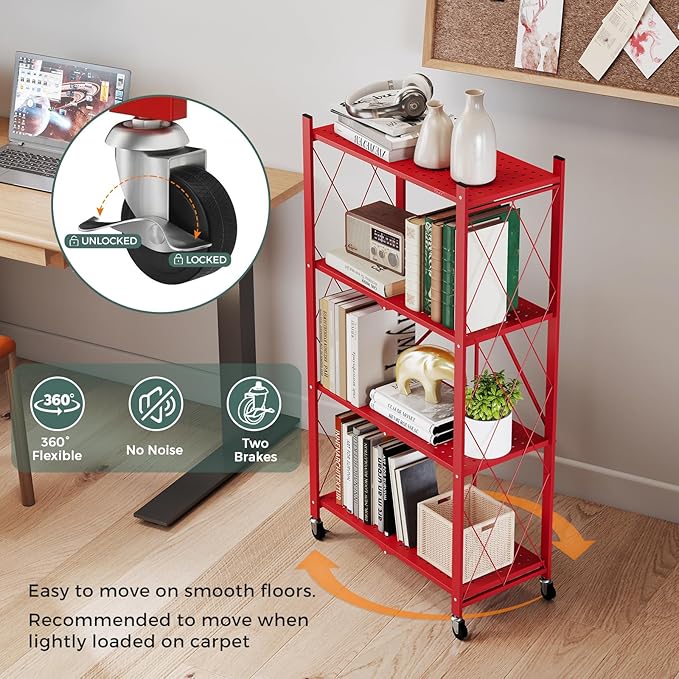DEANIC 4 Tier Foldable Storage Shelves with Wheels, Large Capacity Shelving Unit, Freestanding Metal Wire Shelf Rack, No Assembly Organizer Rack for Garage Kitchen, Basement, Pantry(Red Pack of 2)