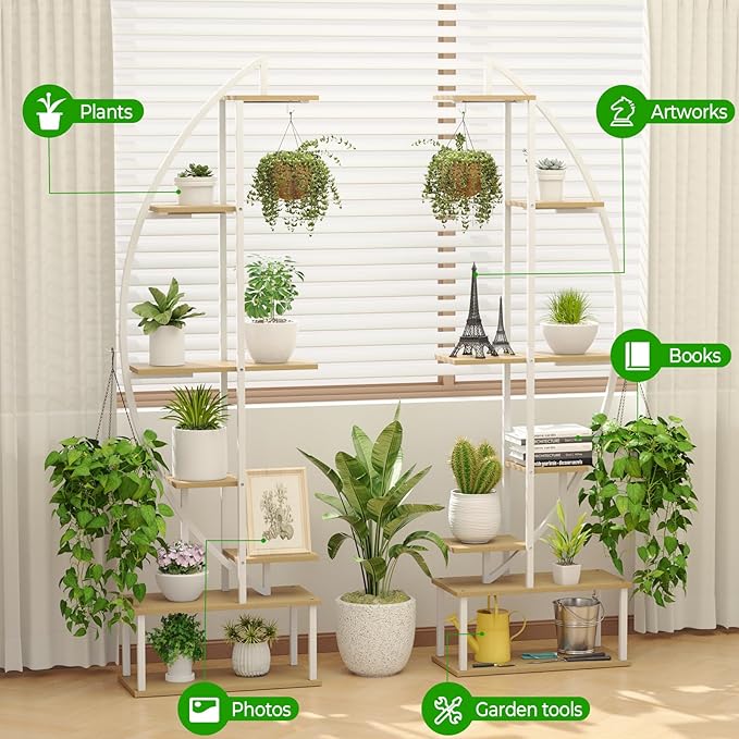 Plant Stand Shelf Indoor with 6 Grow Light, 7 Tiered 65" Tall White Large Half Moon Lighted Plant Rack Holder, 2 Pack Big High Circular Arch Multi Herb Stand with Built in LED Grow Light Set