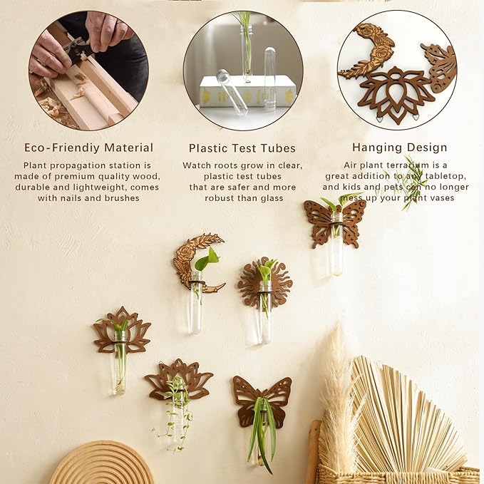 Artilady 2 Pack Plant Propagation Station Butterfly Wall Hanging Wood Plant Terrarium for Hydroponics Home Office Decor Test Tube Propagate Air Cutting Holder