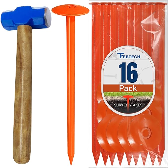 FEBTECH - Septic Tank Marker - 2.3" x 7" - Suitable Property line Markers for Protecting Your Septic Tank and Property Boundary with Solid and Sturdy Survey Stakes - Pack of 16 Pcs + 1 Hammer