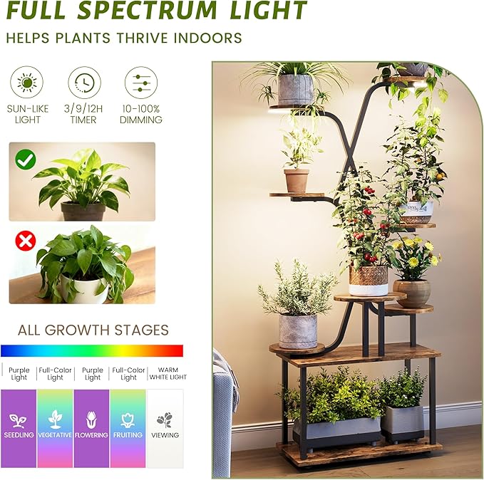 Tall Plant Stand, 9-Tier Tiered Indoor Plant Stand Multiple Shelves, Stable Plant Stand Indoor with Grow Lights for Home, Office, Balcony & Patio