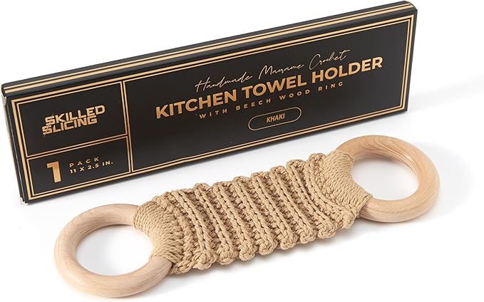 Handmade Crochet Dish Towel Holder for Kitchen & Bathroom - Decorative Boho Macrame Kitchen Towel Hanger Loop Ring Makes a Unique Gift for Birthday Thanksgiving Day 11 Inches (Khaki)