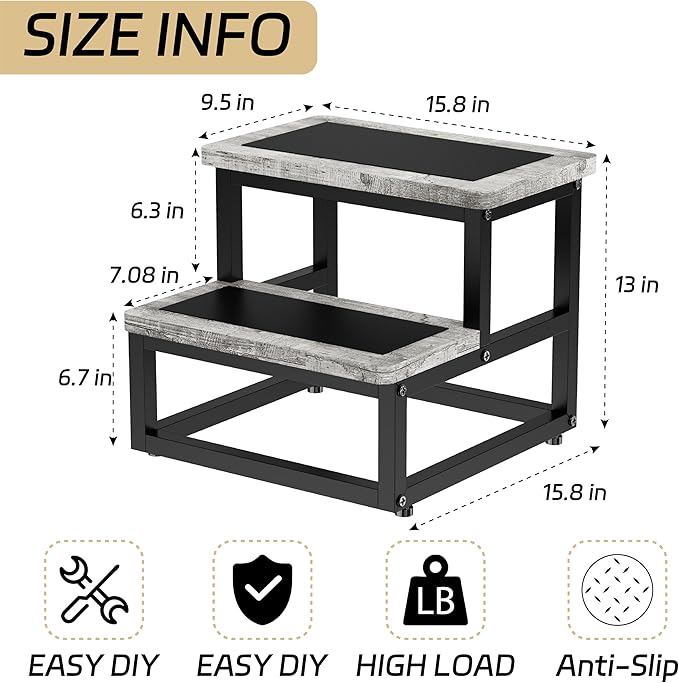 SZLHANJZ Step Stools for Kids Adults, Heavy Duty Stepping Stools Bed Steps for High Beds, Non-Slip Metal and Wooden 2 Steps Foot Stool for Bedside Kitchen, Round Corner, 500 Lbs Capacity, Gray Pattern