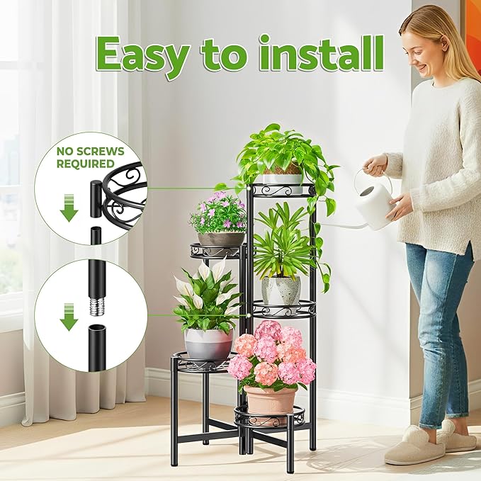 Plant Stand Indoor Garden Livingroon Corner Metal 5 Tier Multiple Flower Pot Holder Shelf Outdoor Furniture Black Circle