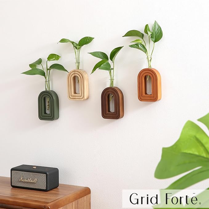 GRID FORTE Wood Wall Arched Propagation Vases (Set of 4), Hanging Plant and Flower Vases, Home Decor Boho Wall Decoration for Living Room Bedroom