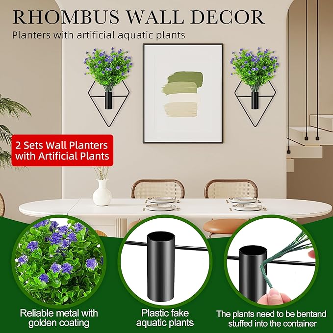 2 Pack Wall Decor Hanging Planters with Artificial Plants Metal Hanging Vase Indoor Plants Holder Modern Boho Wall Art for Bathroom Bedroom Living Room Office (Black Eucalyptus)