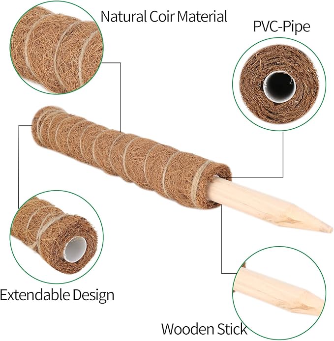 Kikhope Moss Pole Monstera Plants Support, 4 Pack 15.7 inch Coir Totem Poles, Plant Support Stakes, Plant Sticks, Coir Moss Stick for Indoor Potted Plants Train Creeper Plants Grow Upwards
