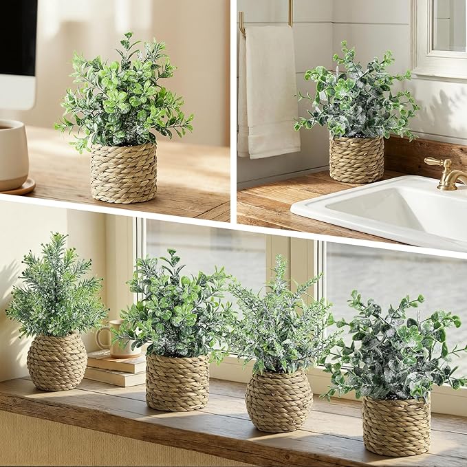 Small Fake Potted Plants: 7 Inches Artificial Plants with Seagrass Handwoven Planters, Indoor Farmhouse Spring Decorations, Eucalyptus Plant for Home Bathroom Office Shelf Tabletop Desk Room Decor