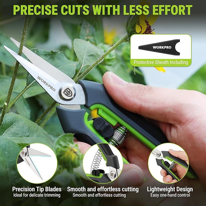 WORKPRO Garden Pruning Shears 2 Pack, 8.25" Bypass Pruning Shears and 6.25" Straight Garden Flower cissors, Garden Clippers Hand Tools for Cutting Flowers, Trimming Plants, Picking Fruits