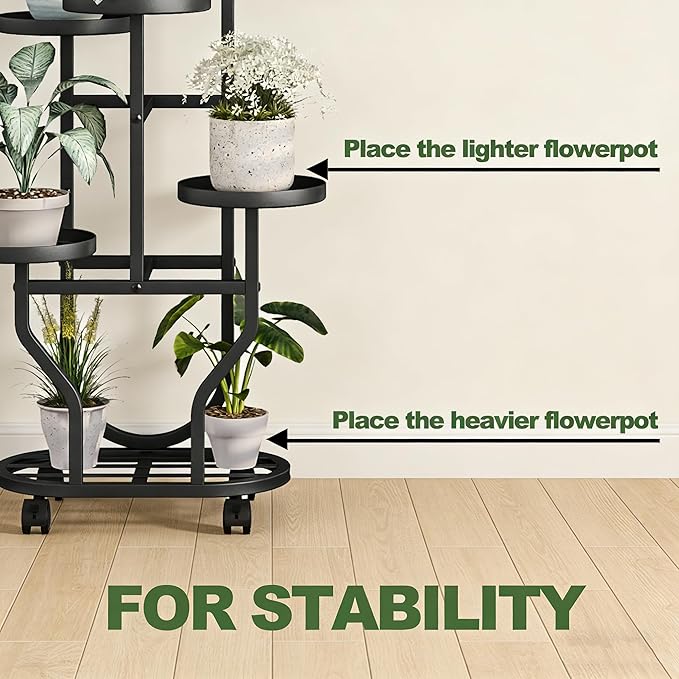 Plant Stand with Wheels 6 Tier Metal Flower Shelf for Indoor Outdoor Corner Multiple Plants Holder Rack for Bedroom Living Room Garden Balcony Yard Black (Black, 6 Tier)
