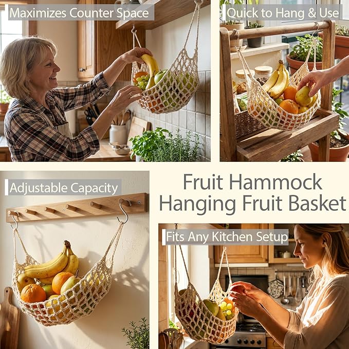 Hanging Fruit Hammock Under Cabinet, 13×16in Macrame Hanging Fruits Basket with 4 Hooks Fruit Net Banana Hammock Hanging Storage Veggie Hanger Basket for Kitchen Home Boat Rv(Beige)
