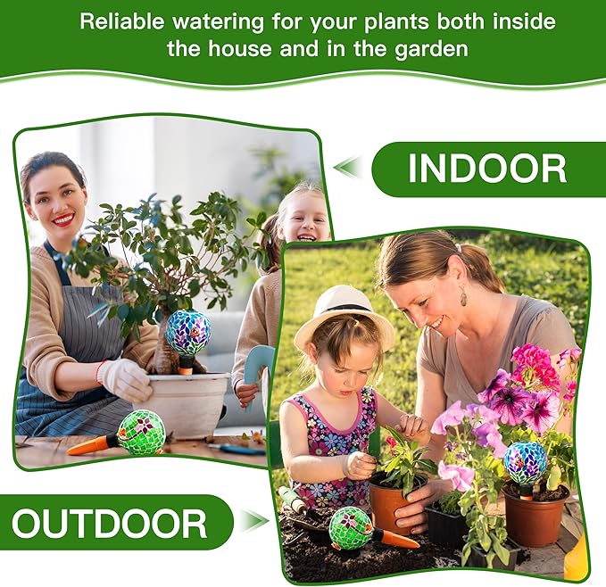 SAVENNA Mosaic Plant Watering Globes with Terracotta Spikes,17oz Glass Self Watering Globes for Indoor & Outdoor Potted Plants,Decorative Water Drippers for Houseplants, Garden & Patio,Set of 2