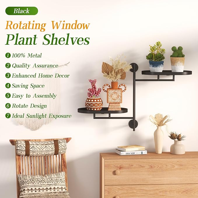 YQSLYSF Window Rotating Plant Stand Shelf Indoor Black Metal Floating Shelves 2-Tier Wall Mount Plant Holders for Living Room Wall Planter Modern Home Decor for Gardening