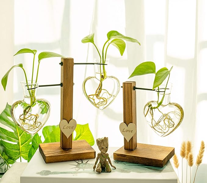 Kingbuy Heart Shaped Glass Hydroponic Vase with Retro Wooden Stand - Desktop Plant Terrarium for Bulb Planter, Water Plant Propagation Glass Vase Pot Planter Flower Desktop Decoration Home Garden