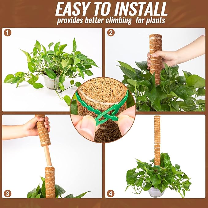 8 Pcs 12 Inches Coir Totem Pole With 16 Pcs Adjustable Plant Twist Ties - Moss Stick for Creepers Plant Support Extension, Climbing Indoor Plants
