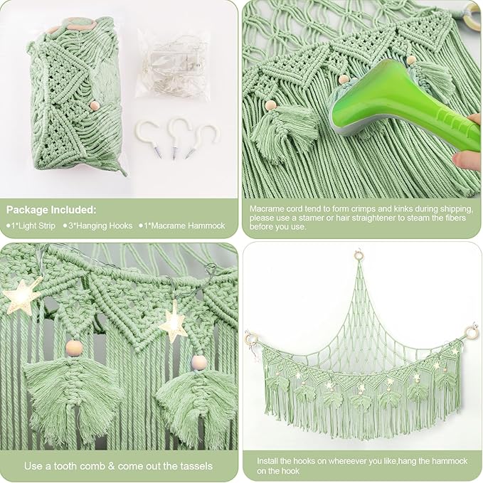 ANROYE Macrame Stuffed Animal Storage with Star Light, Bear Green Hammock for Girls Room Decor, Corner Hanging Mesh Organizer Idea for Nursery, Plushies Toy Wall Hanging Display Holder Kid Boy Gift