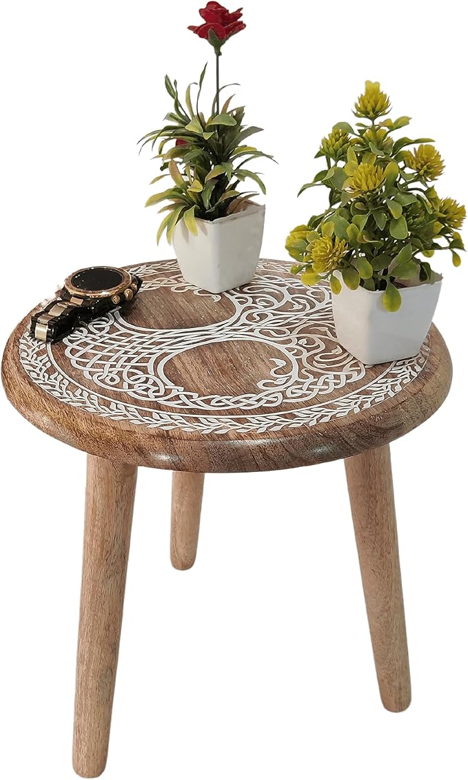 VANIYA CRAFTS® Wooden Engraved Fold-able Side Table/End Table/Plant Stand/Stool for Living Room Bedroom Restaurant Kids Play Furniture Table Round Shape (Natural White 4)
